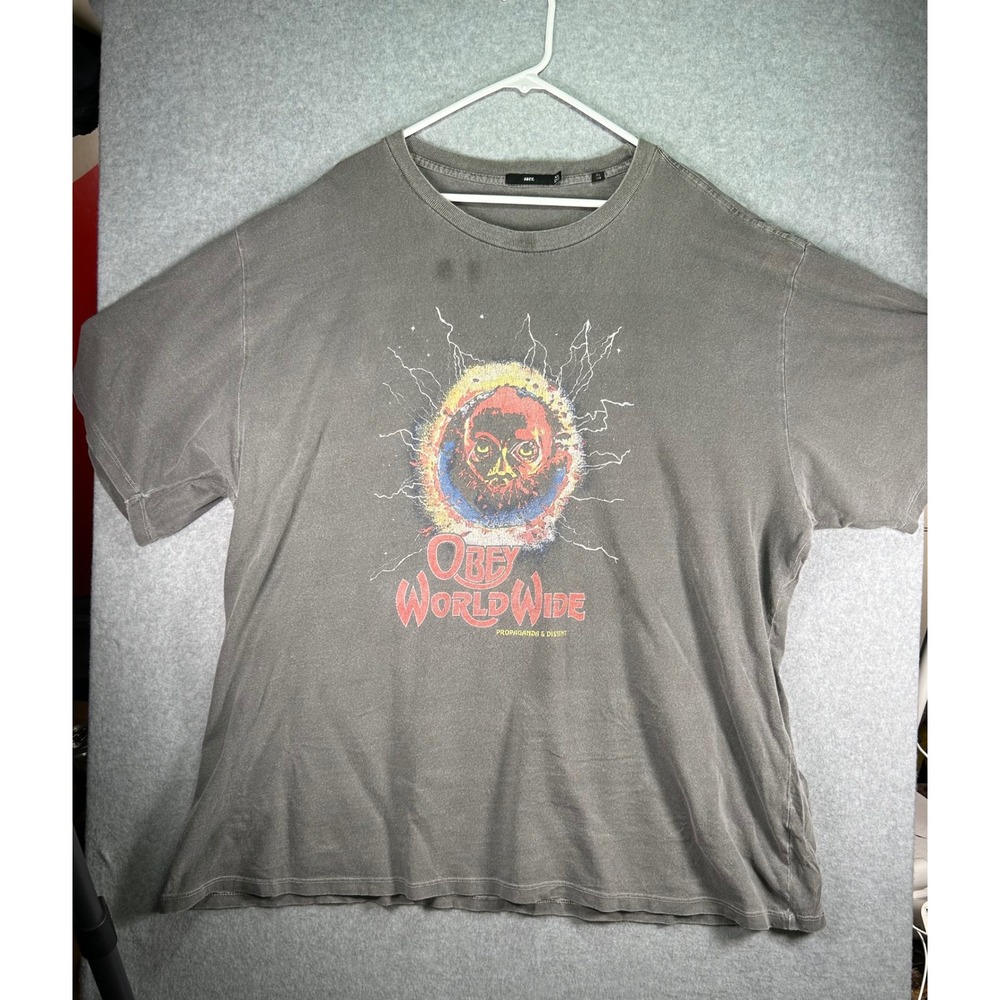 Acid wash Obey Worldwide Propaganda Dissent Graphic Box Tee Gray XXL